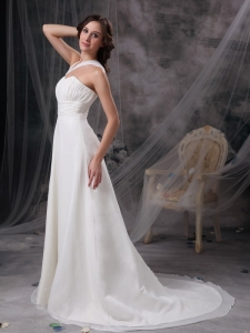 White Empire Wedding Dress Asymmetrical Court Train Chiffon