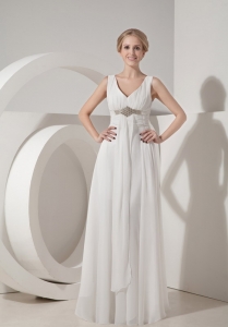 White Empire Prom Dress V-neck Floor-length Chiffon Beading