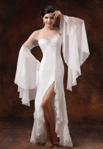 Bateau High Slit Long Sleeves and Beaded Wedding Dress