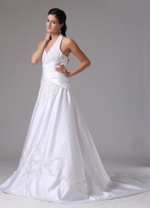 A-line Halter Wedding Dress With Embroidery and Ruch