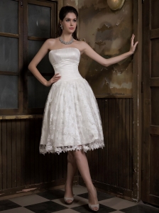 Bridal Gown A-line Strapless Knee-length Satin and Lace