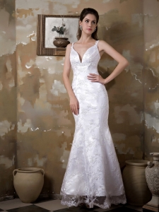 Mermaid Straps Ankle-length Satin and Lace Wedding Dress
