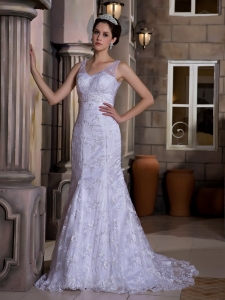 Mermaid Bridal Gown V-neck Court Train Taffeta and Lace