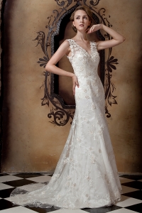 Column V-neck Brush Train Taffeta and Lace Wedding Dress
