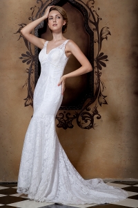 Column V-neck Court Train Lace Beading Wedding Dress