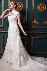 Modest A-line Elegant Chapel Train Lace Sash Wedding Dress