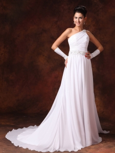 Wedding Gown One Shoulder Empire Beaded Court Train