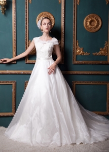 Elegant Chapel Train Lace Sleeves Wedding Gown Dress