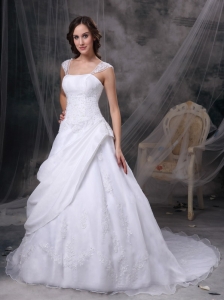 White Square Wedding Gown Satin and Organza Embriodery