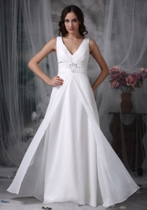 Sheath V-neck Floor-length Chiffon Beading Wedding Dress