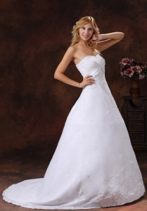 A-line Strapless Wedding Dress With Brus Train Embroidery Overlay