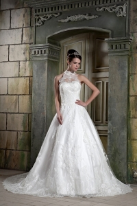 Halter Top A-line Chapel Train Lace Beading Wedding Gown