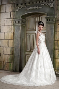 Beautiful V-neck Lace Beading A-line Chapel Train Bridal Gown