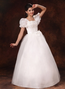 Bubble Sleeve Square Neck A-Line Bowknot Wedding Bridal Gown