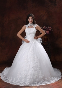 Custom Made High Neckline Wedding Dress With Lace Overlay