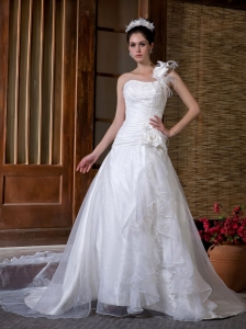 One Shoulder Taffeta and Organza Hand Made Flowers Wedding Gown