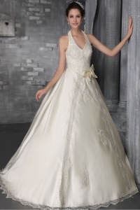 Halter Brush/Sweep Satin Lace and Beading Bridal Gown