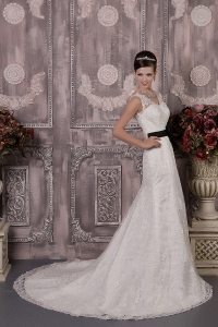 Gorgeous Column V-neck Court Train Black Lace Sash Wedding Dress