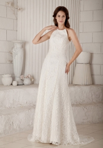 Lovely High-neck Column Brush Train Lace Bridal Gown