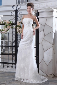 Lovely Lace Wedding Dress Column Strapless Brush Train Satin