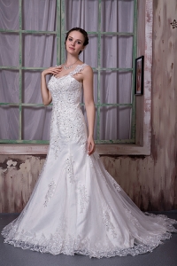 Luxurious Straps Court Train Taffeta and Lace Beading Bridal Gown
