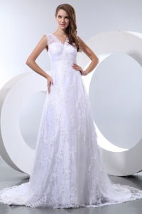 Luxurious V-neck A-line Court Train Taffeta and Lace Bridal Gown