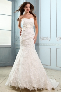 Mermaid Strapless Court Train Satin Lace and Belt Bridal Gown