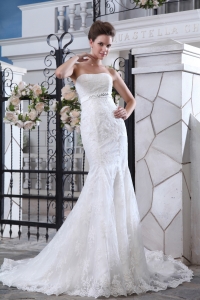 Mermaid Strapless Court Train Tulle Lace and Belt Bridal Gown