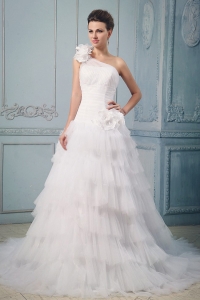 One Shoulder Wedding Dress With Ruffled Layered Hand Made Flowers