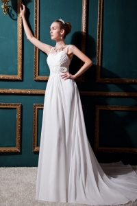 Modest Straps Empire Court Train Chiffon Lace Wedding Dress