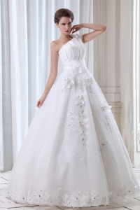 One Shoulder Floor-length Tulle Beading and Appliques Bridal Gown
