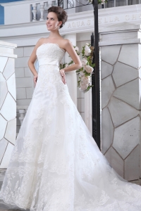 Unique Lace Belt Wedding Dress A-line Strapless Court Train