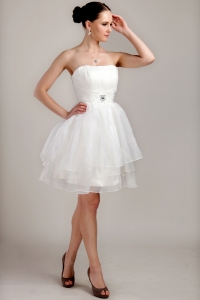 Strapless Mini-length Organza Beading and Ruch Short Wedding Dress