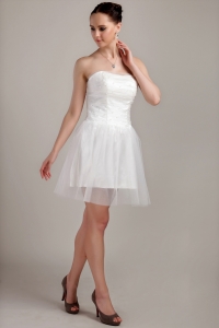 Mini-length Strapless Organza Beading and Ruch Wedding Dress