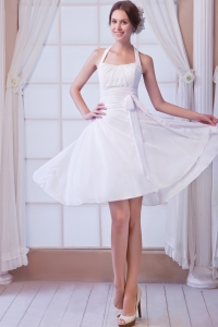 White A-line Halter Knee-length Chiffon Ruch Wedding Bridal Gown