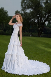Off The Shoulder Court Train Taffeta Lace and Ruch Wedding Dress