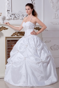 Halter Ball Gown Pick Ups Taffeta Embroidery Wedding Gown
