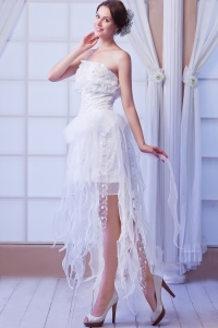 White Asymmetrical Column Strapless Organza Beading Wedding Dress