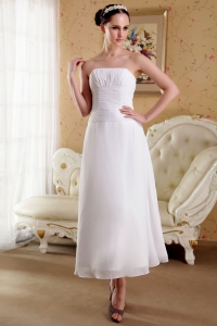 Ankle-length Empire Strapless Satin and Chiffon Ruch Bridal Gown