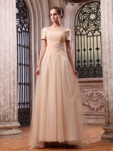 Champagne Wedding Dress Appliques Square Short Sleeves