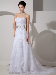 Satin Lace Belt Wedding Dress A-line Court Train