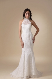 Mermaid Lace Wedding Dress High-neck Brush Taffeta