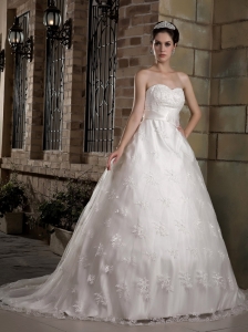A-line Sweetheart Chapel Train Lace Wedding Gown