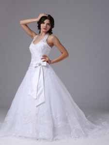 Halter Lace Over Skirt Wedding Dress Court Bowknot