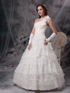One Shoulder Lace Wedding Dress Hand Made Flowers