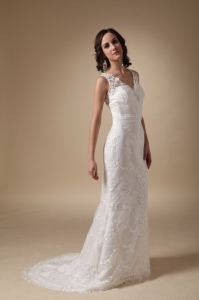 Brush Train Taffeta Lace Wedding Dress Column V-neck