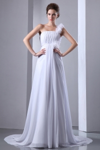 A-line One Shoulder Chiffon Ruch Wedding Dress White