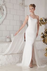 One Shoulder White Wedding Dress Chiffon Beading