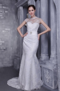 White Mermaid High-neck Lace Wedding Dress Beading