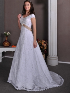 Taffeta and Lace Beading Wedding Dress V-neck Court Train